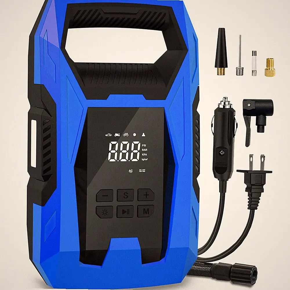 CARSUN AC/DC Tire Inflator Portable Air Compressor, Dual 110V AC/12V DC, Blue