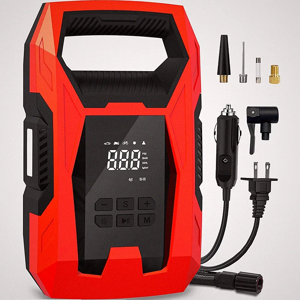 CARSUN AC/DC Tire Inflator Portable Air Compressor, Dual 110V AC/12V DC, Red