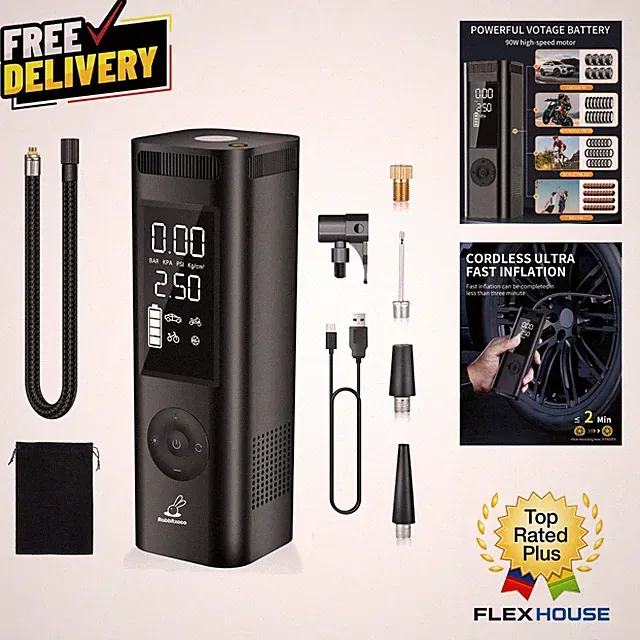 High Power Portable Air Compressor - 4X Faster Inflation with Safety Features