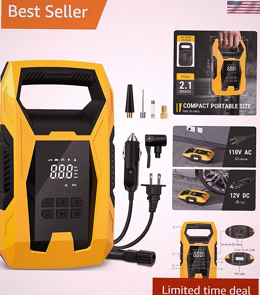 Portable Dual Power Air Compressor for Cars, Bikes & Inflatables - 1.8 Gallons